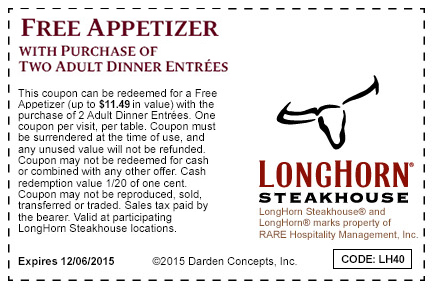 Longhorn Steakhouse: FREE Appetizer w/ 2 Dinner Entrees Purchase