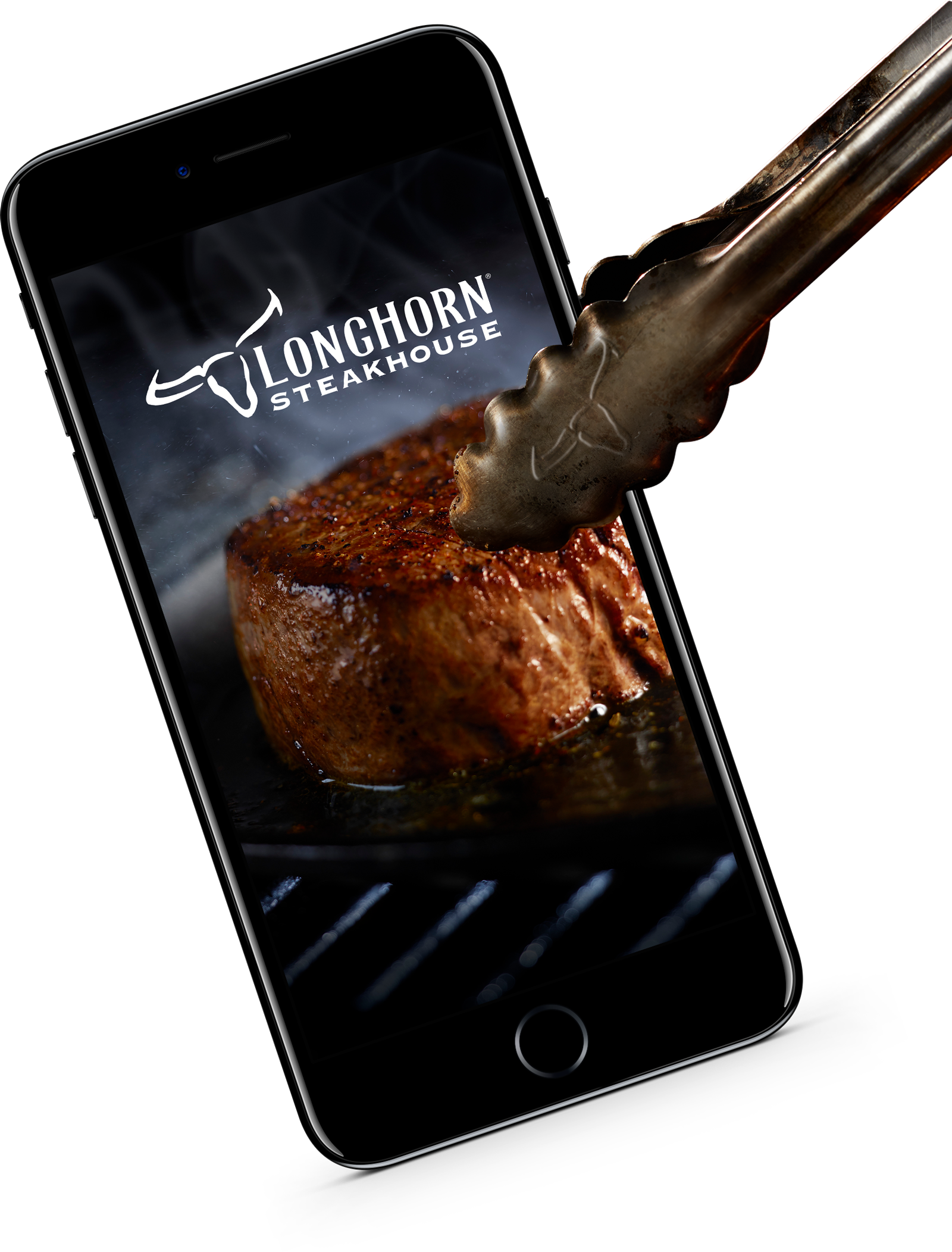 serving tongs holding iPhone with LongHorn app
