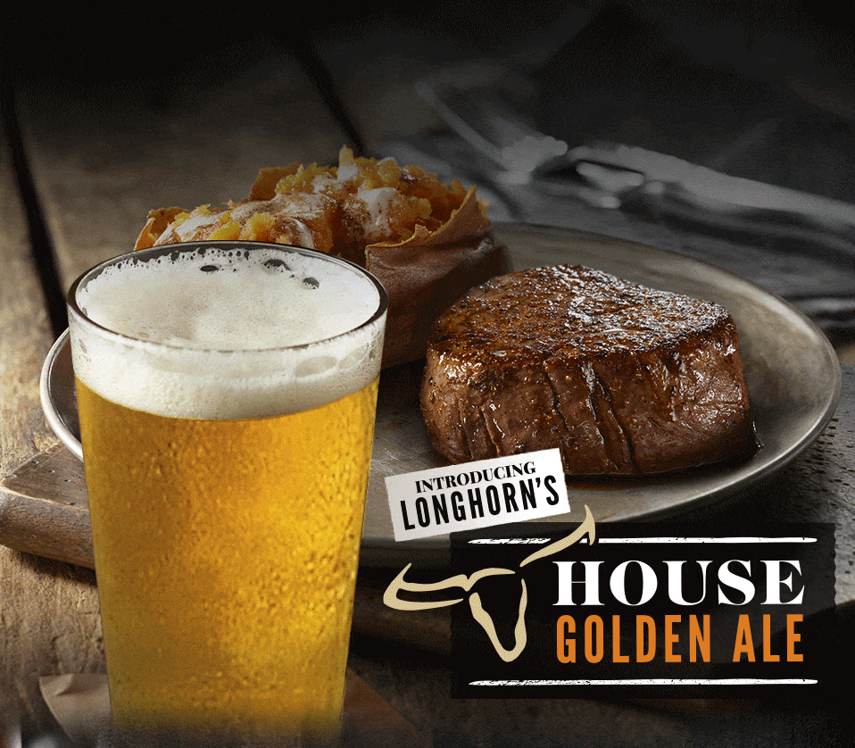LongHorn's House Golden Ale paired with a steak and baked sweet potato.