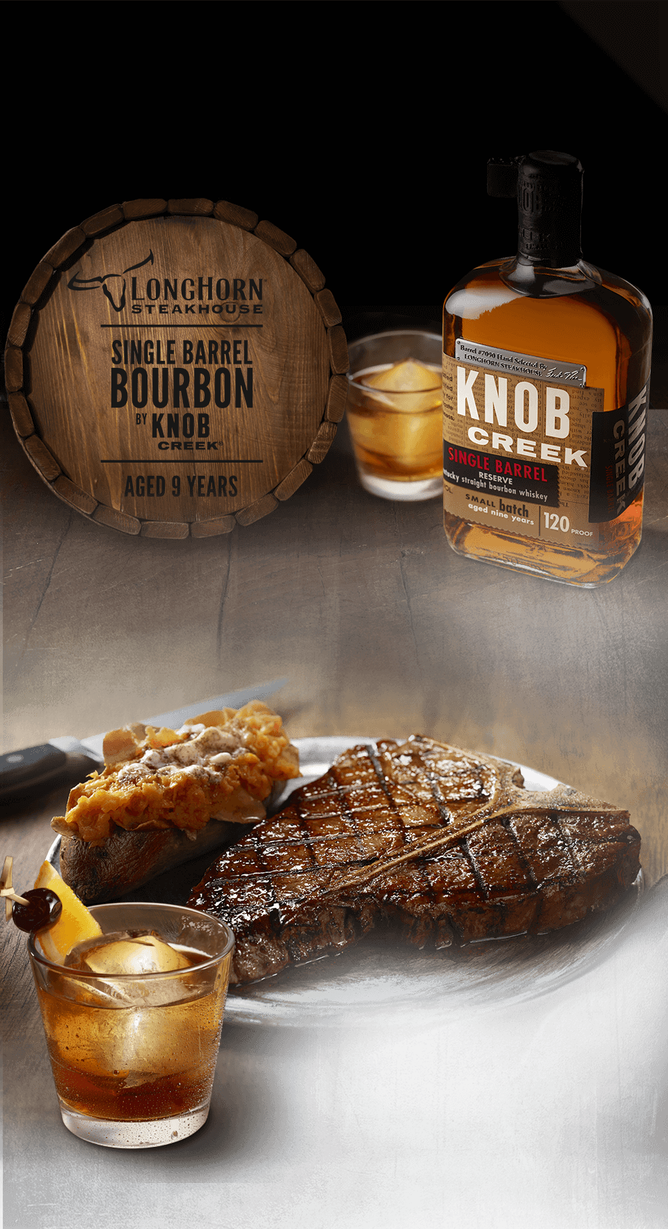 Knob Creek Single Barrel Reserve Bourbon Whiskey goes into the Longhorn Old Fashioned.